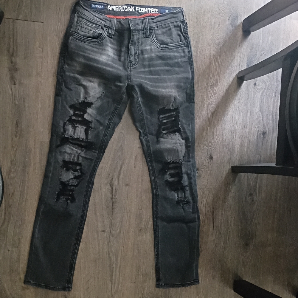 American Fighter Ripped Gray & Black Skinny Jeans for Men 32 Regular